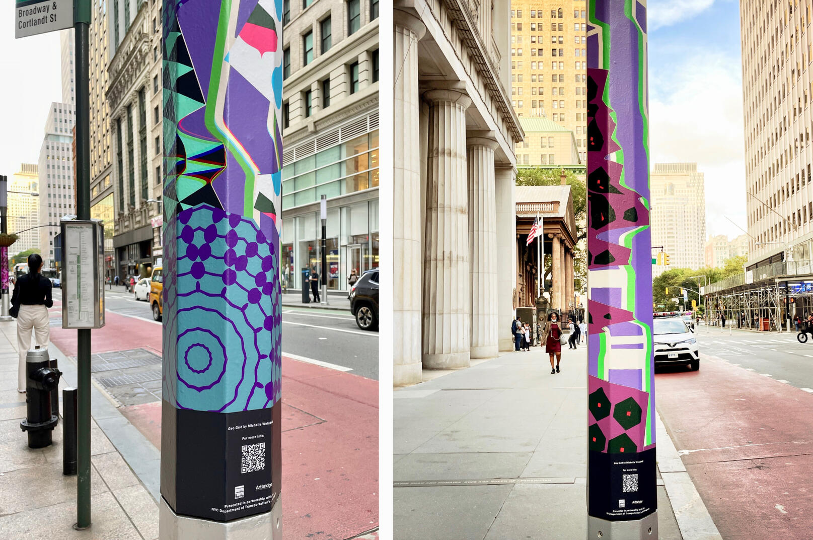 Geo Grid, NYC32 lamp posts, lower Broadway